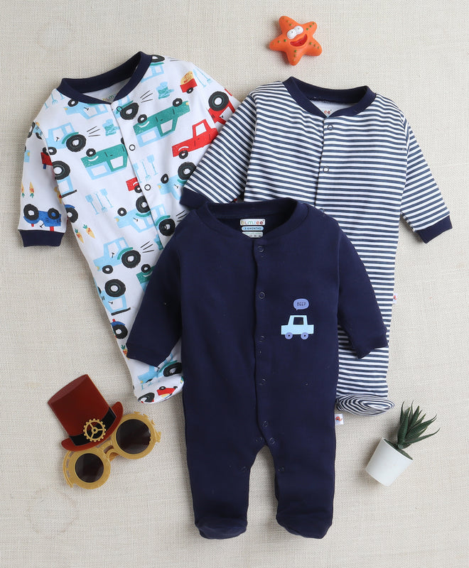 Boys 100% Cotton Vehicle Sleepsuit - Navy & White