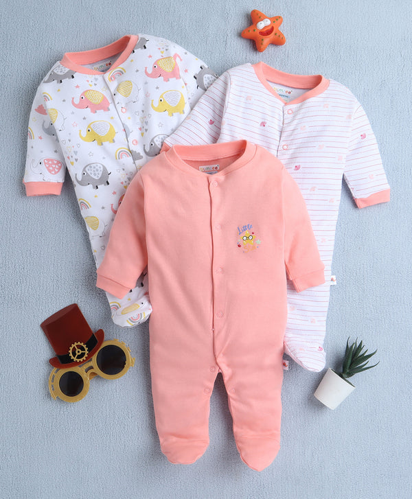 Bumzee Peach & White Animal Print Sleepsuit, Pack of 3, Full Sleeves, 100% Cotton