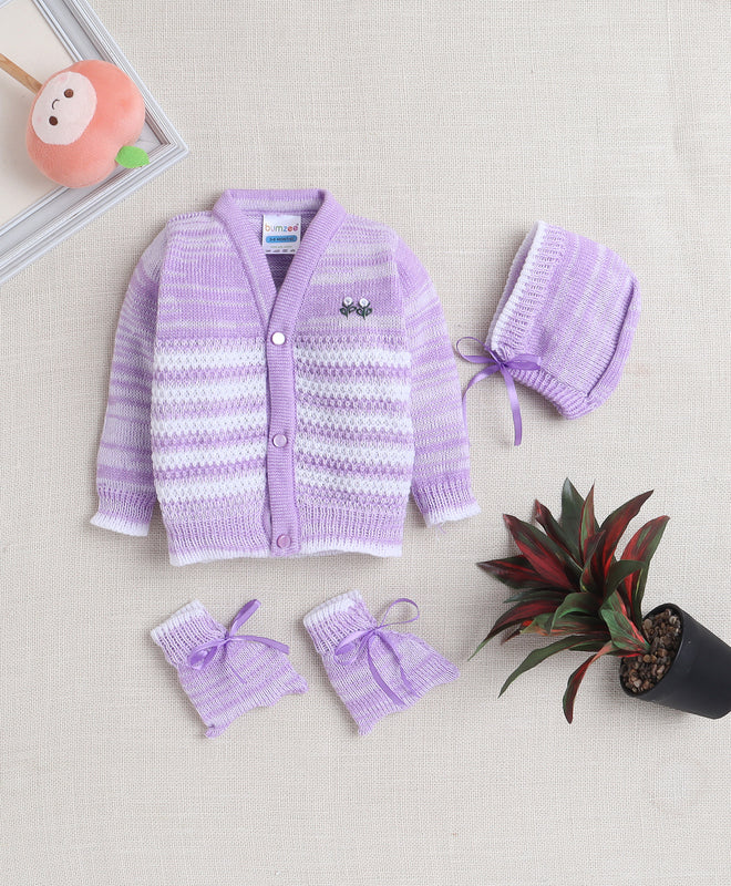 Girls Acrylic Blend Solid Sweater with Cap & Socks - Lavender
