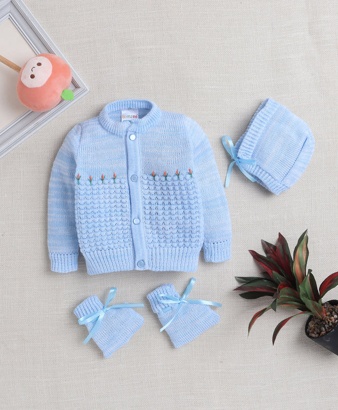 Boys Acrylic Blend Solid Sweater with Cap & Socks - Blue