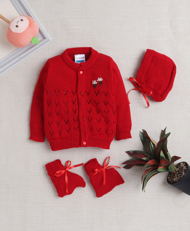 Boys Acrylic Blend Solid Sweater with Cap & Socks - Red