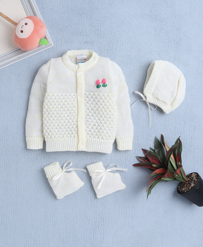 Girls Acrylic Blend Solid Sweater with Cap & Socks - Lemon