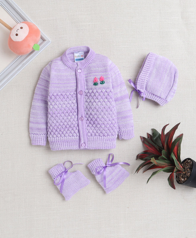 Girls Acrylic Blend Solid Sweater with Cap & Socks - Lavender