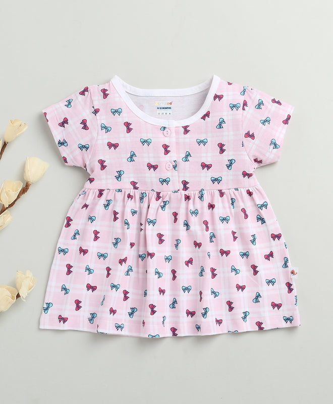 Pink Girls Cap Sleeves Cotton Knee Length Frock