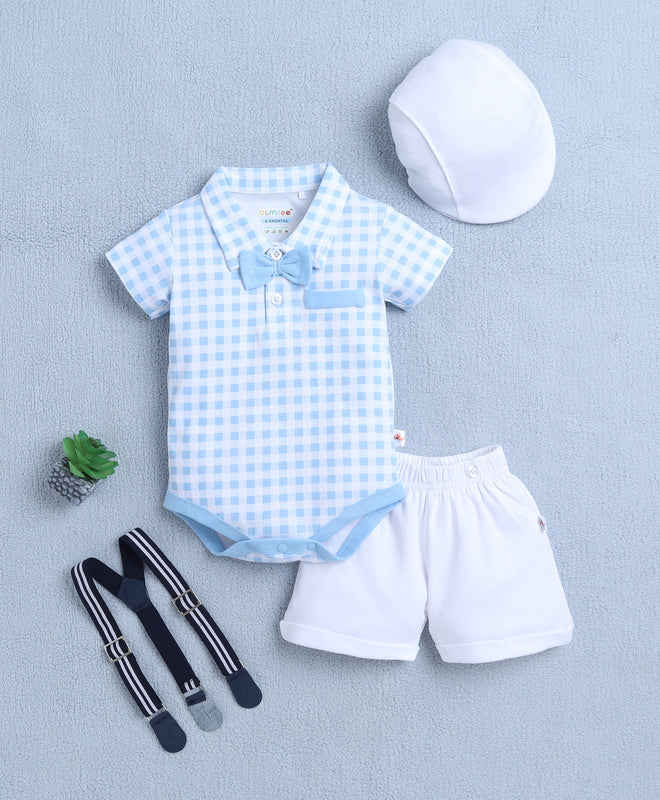 Boys 100% Cotton Checks Bodysuit & Short Set - Blue & White