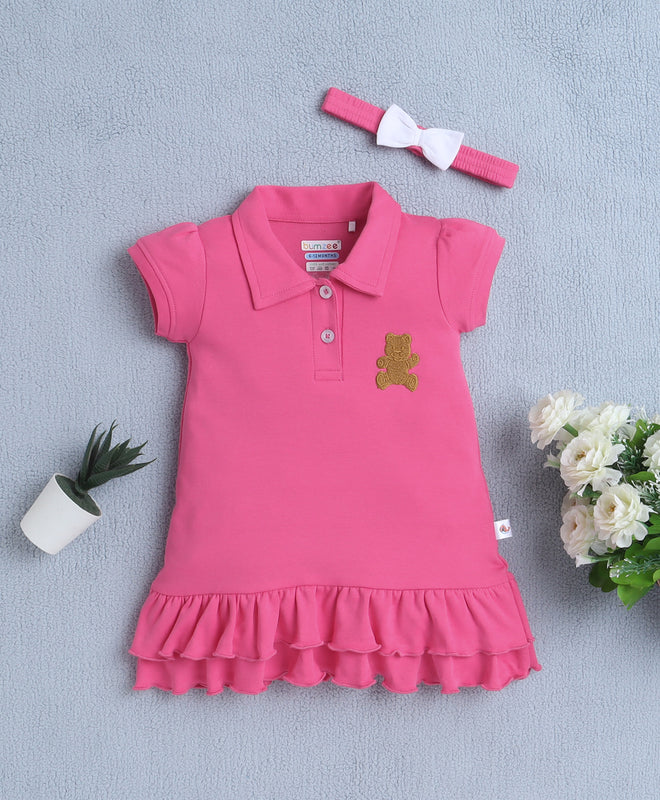 Pink Girls Cap Sleeves Cotton Frock With Headband