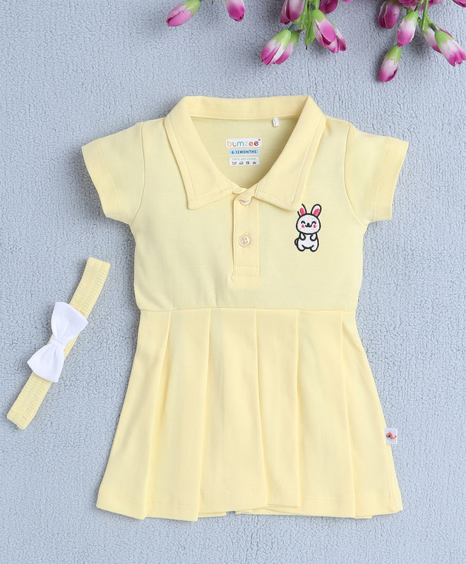 Yellow Girls Half Sleeves Cotton Frock With Headband