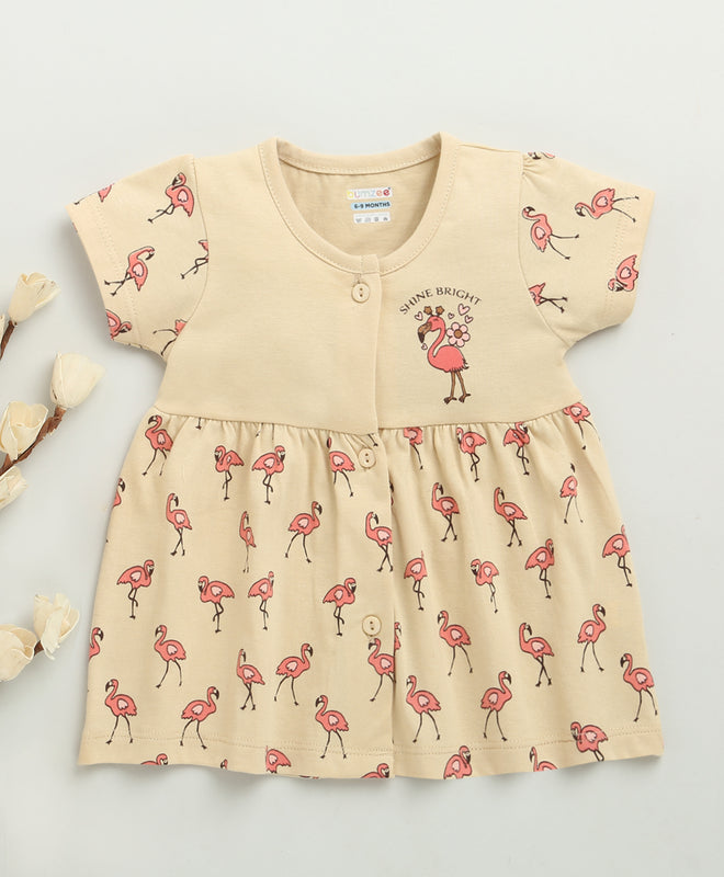 Beige Girls Cap Sleeves Cotton Knee Length Frock