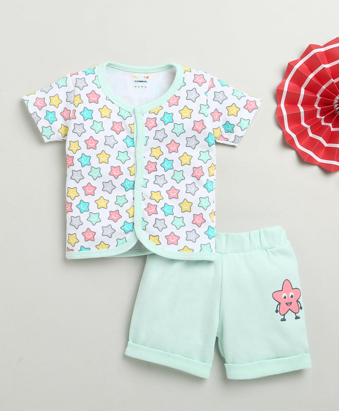 BUMZEE White & Mint Green Baby Boys Half Sleeves Jabla & Short Set