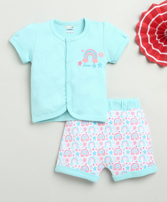 BUMZEE Sky Blue & White Baby Girls Half Sleeves Jabla & Short Set