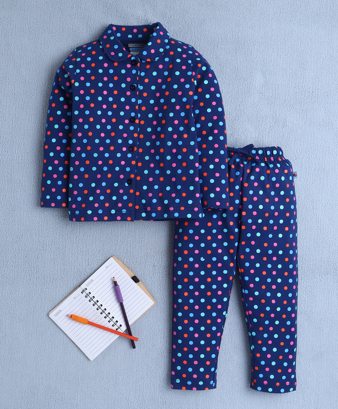 Girls 100% Cotton Polka Dots Nightsuit - Navy