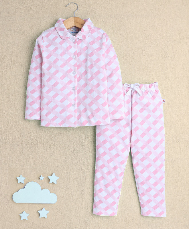 Girls 100% Cotton Checked Nightsuit - White & Pink