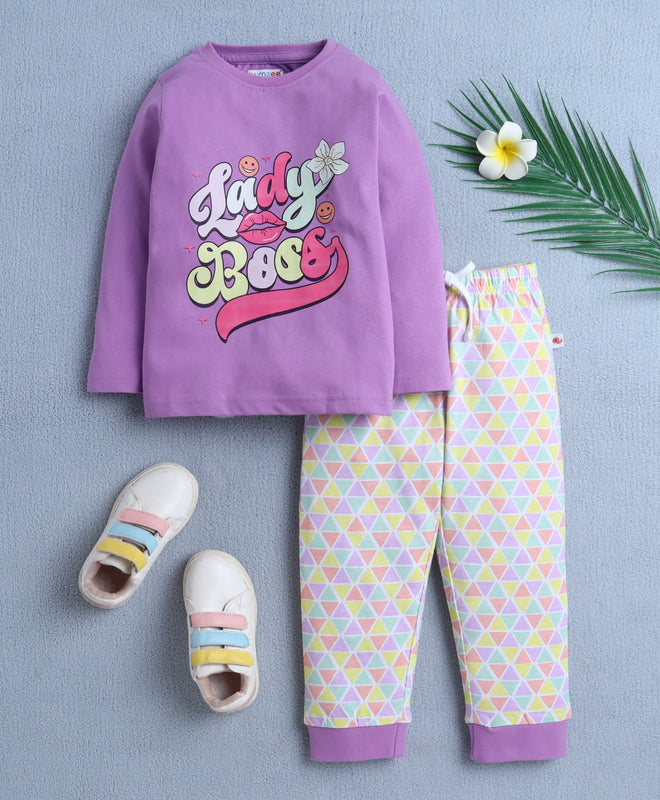 Girls 100% Cotton Triangle & Text T-Shirt & Pyjama Set - Lavender & Mutli