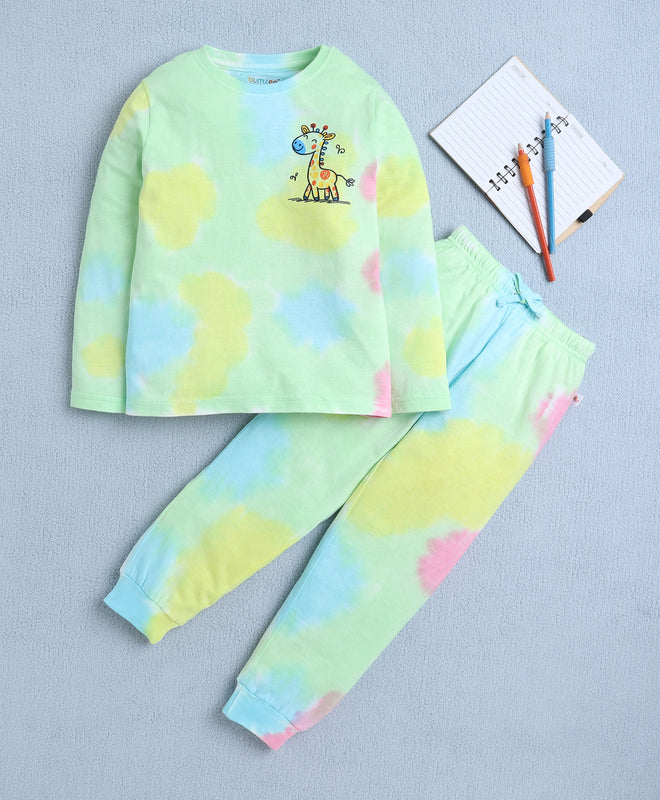 Girls 100% Cotton Tie & Dye And Giraffe T-Shirt & Pyjama Set - Multi