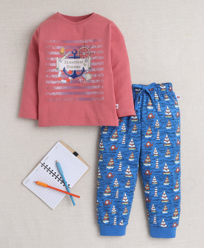 Boys 100% Cotton Boat & Anchor Sticker T-Shirt & Pyjama Set - Brick Red & Blue