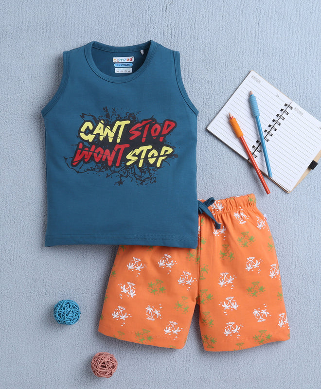 BUMZEE Teal & Orange Boys Sleeveless T-Shirt & Short Set