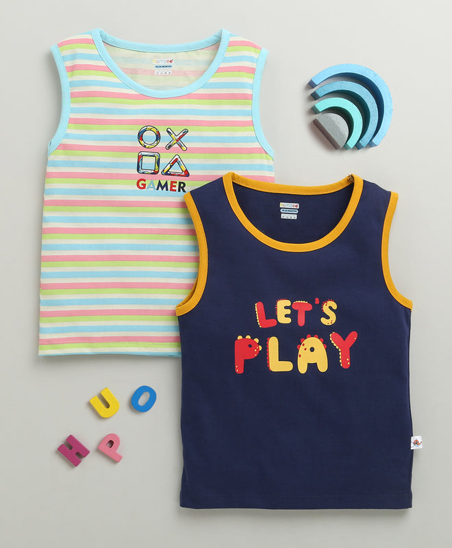 BUMZEE Navy & Multi Boys Sleeveless Cotton T-Shirts Pack Of 2