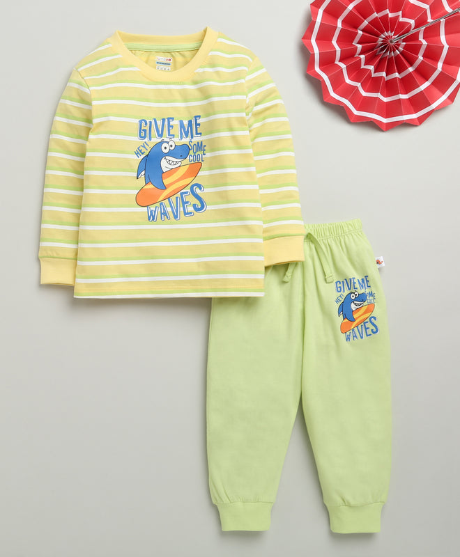 Boys 100% Cotton Stripes T-Shirt & Pyjama Set - Yellow & Lime Green