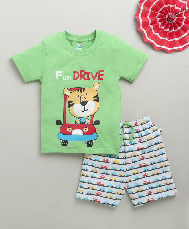 BUMZEE Green & White Boys Half Sleeves T-Shirt & Short Set