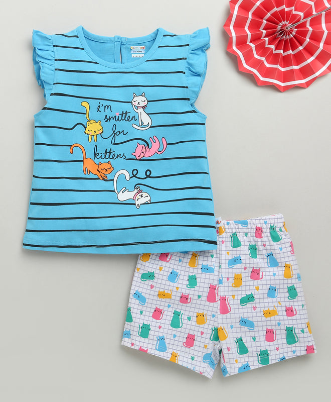 BUMZEE Blue & White Girls Cap Sleeves T-Shirt & Short Set