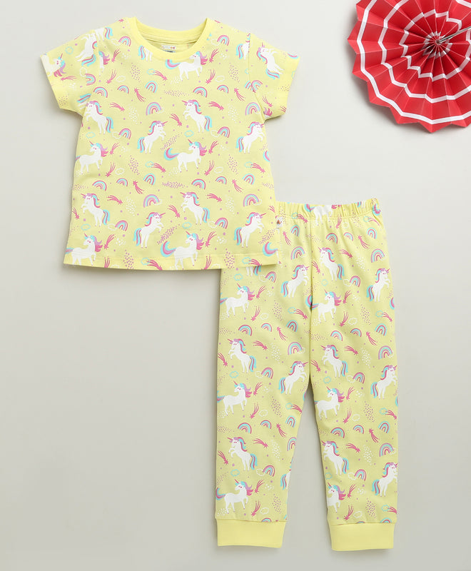 Girls 100% Cotton Animal T-Shirt & Pyjama Set - Yellow