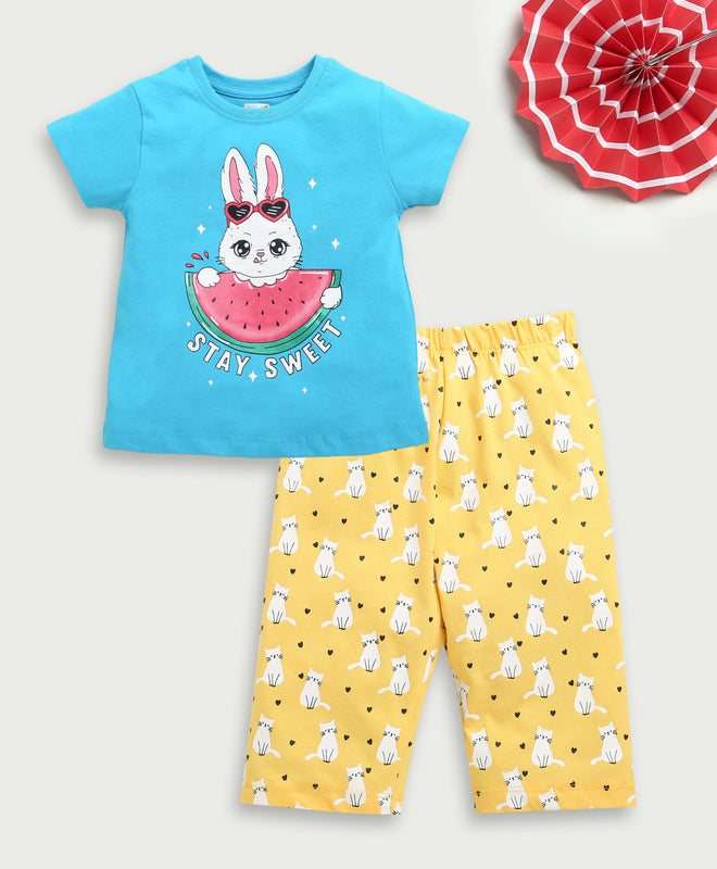 Girls 100% Cotton Animal T-Shirt & Capri Set - Blue & Yellow