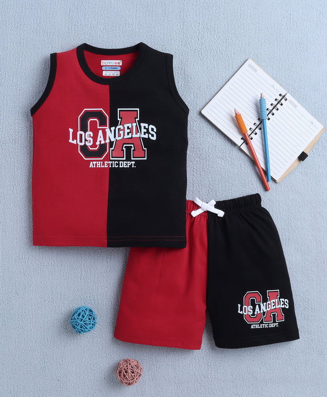 BUMZEE Red & Black Boys Sleeveless T-Shirt & Short Set