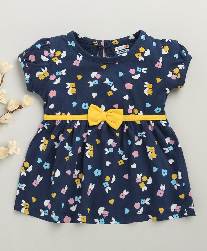 Navy Girls Cap Sleeves Cotton Knee Length Frock