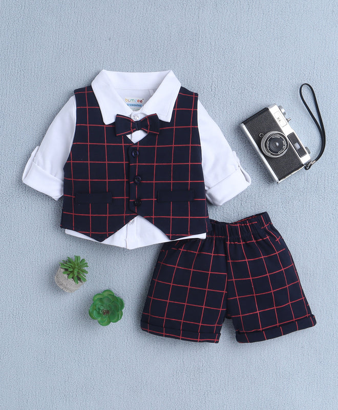 BUMZEE White & Navy Boys Full Sleeves Shirt Waistcoat & Short Set With Applique Bow
