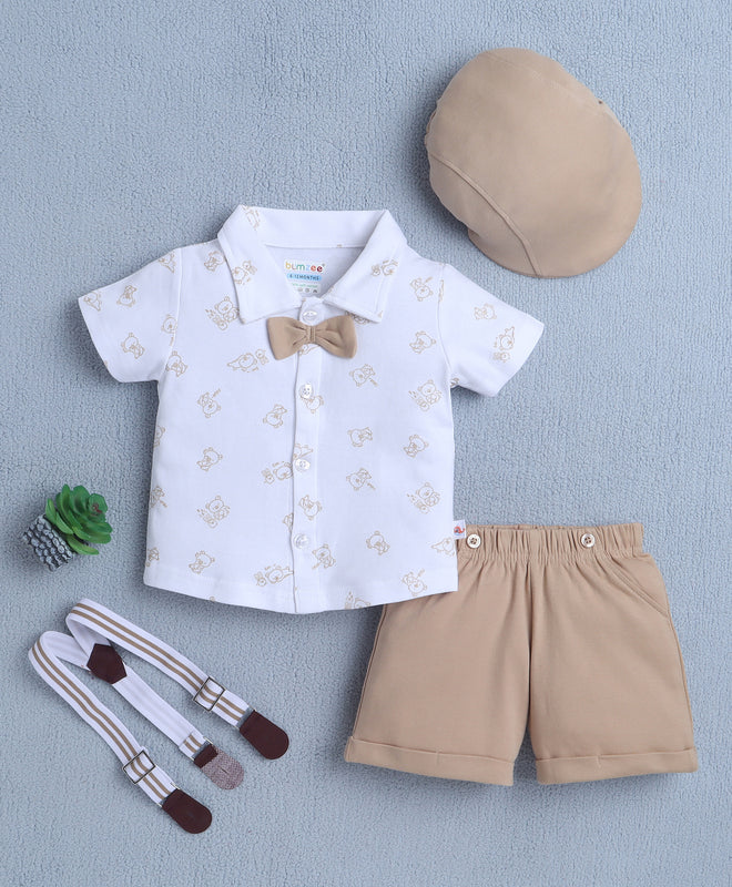 BUMZEE White & Beige Boys Half Sleeves Shirt & Short Set With Bow Suspender & Cap
