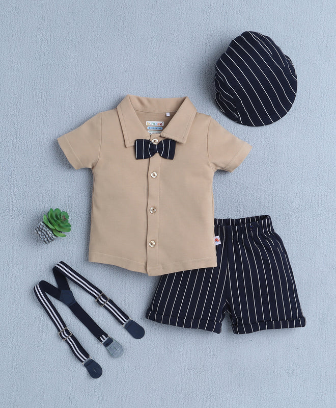 Boys 100% Cotton Striped Formal Set - Beige & Navy