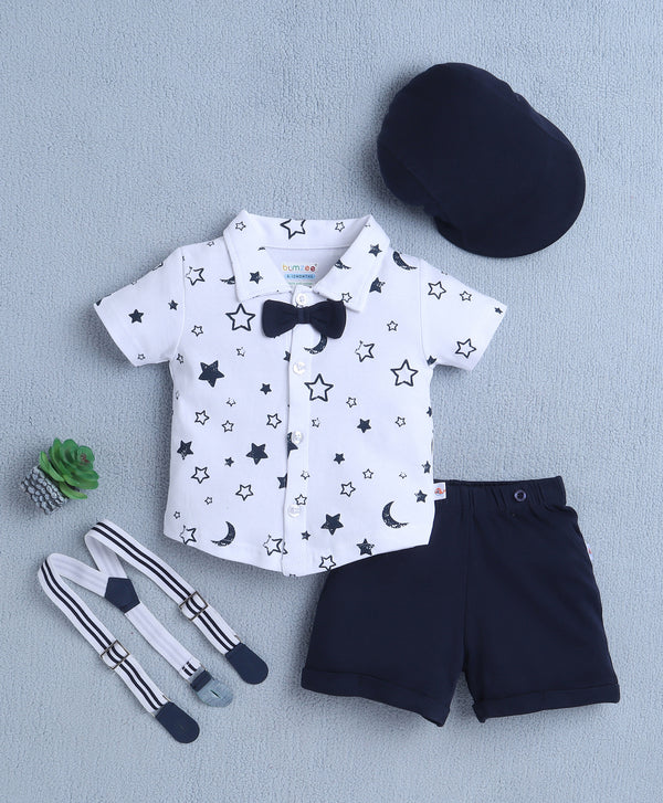 Bumzee White & Navy Graphic Print Formal Set, Half Sleeves, 100% Cotton, with Suspender (Style Peb10533)