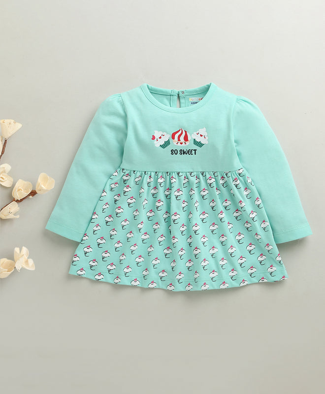 Mint Green Girls Full Sleeves Cotton Knee Length Frock