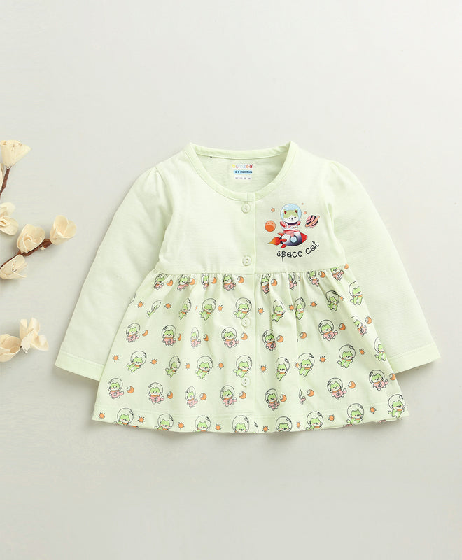 Light Green Girls Full Sleeves Cotton Knee Length Frock