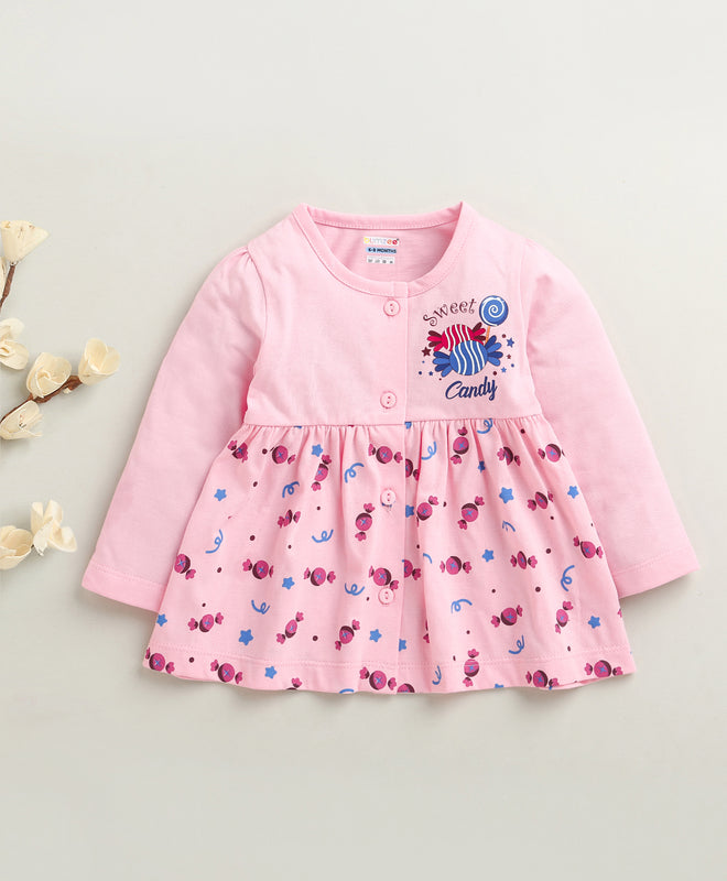 Pink Girls Full Sleeves Cotton Knee Length Frock
