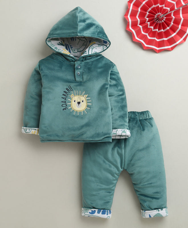 Teal Green Boys Full Sleeves Cotton Blend Winter Wear Set
