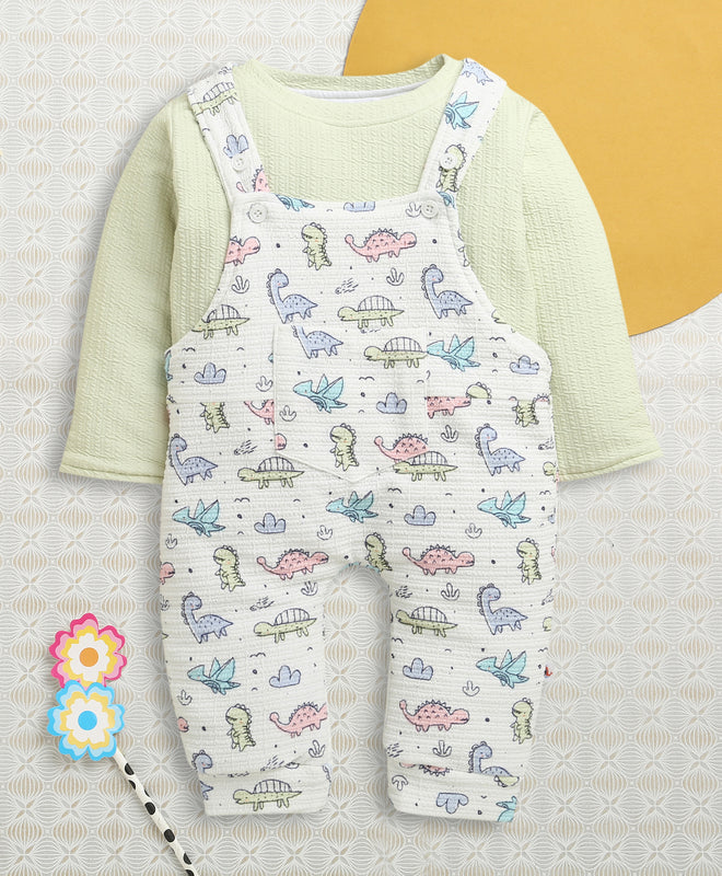 White & Green Boys Full Sleeves Poly Blend Dungaree Set / Romper
