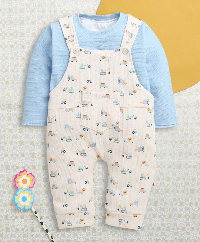 Cream & Sky Blue Boys Full Sleeves Poly Blend Dungaree Set / Romper