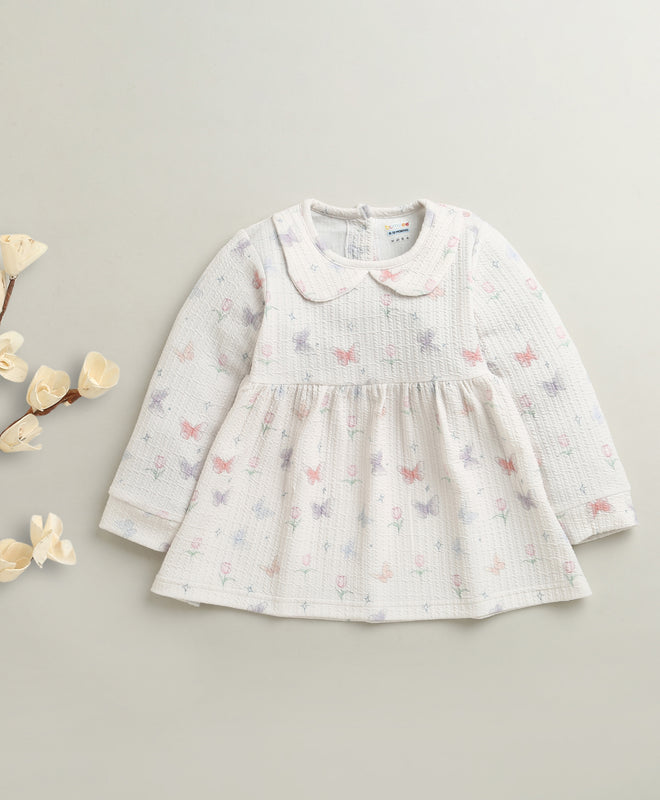 Off White Girls Full Sleeves Poly Blend Frock / Dress