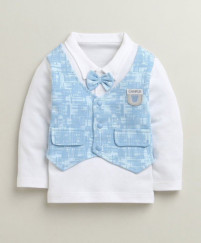 BUMZEE Sky Blue & White Boys Full Sleeves Cotton Formal Set With Attached Waistcoat
