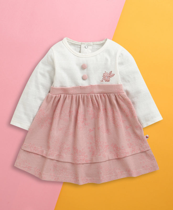 Onion Pink & White Girls Full Sleeves Cotton Frock / Dress