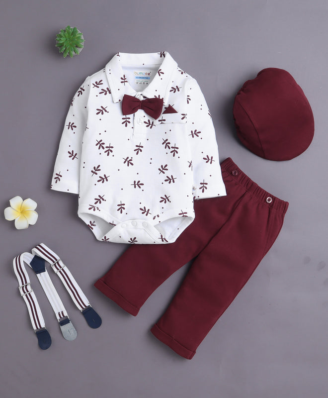 White & Maroon Boys Full Sleeves Bodysuit Pant Set With Suspender & Cap