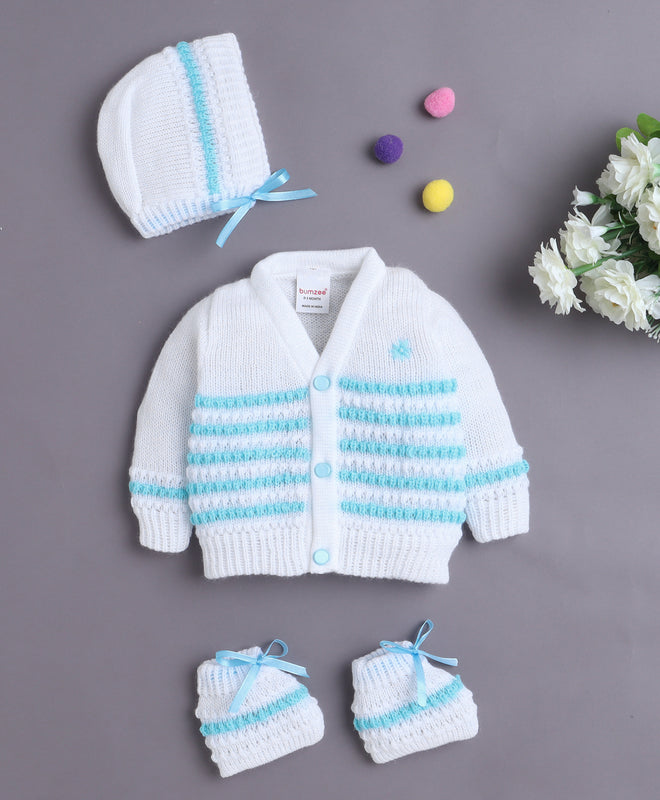 White & Aqua Baby Boys Full Sleeves Acrylic Blend Sweater With Cap & Socks