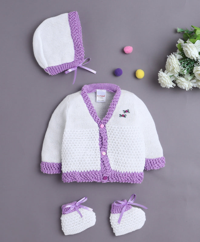 White & Lavender Baby Girls Full Sleeves Acrylic Blend Sweater With Cap & Socks