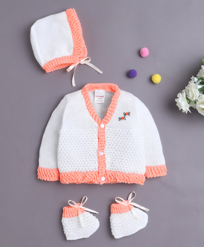 White & Orange Baby Girls Full Sleeves Acrylic Blend Sweater With Cap & Socks