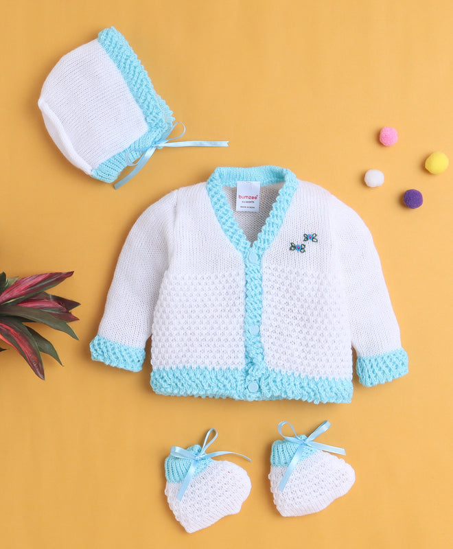 White & Aqua Baby Girls Full Sleeves Acrylic Blend Sweater With Cap & Socks