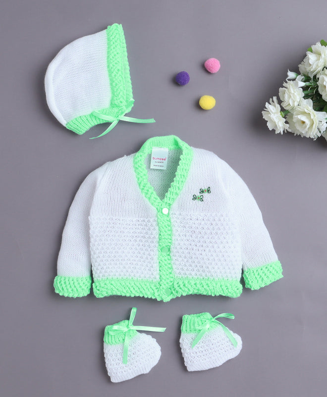 White & Green Baby Girls Full Sleeves Acrylic Blend Sweater With Cap & Socks