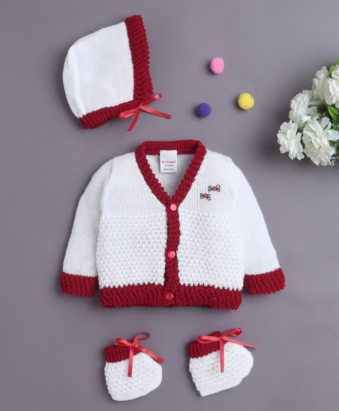 White & Maroon Baby Boys Full Sleeves Acrylic Blend Sweater With Cap & Socks