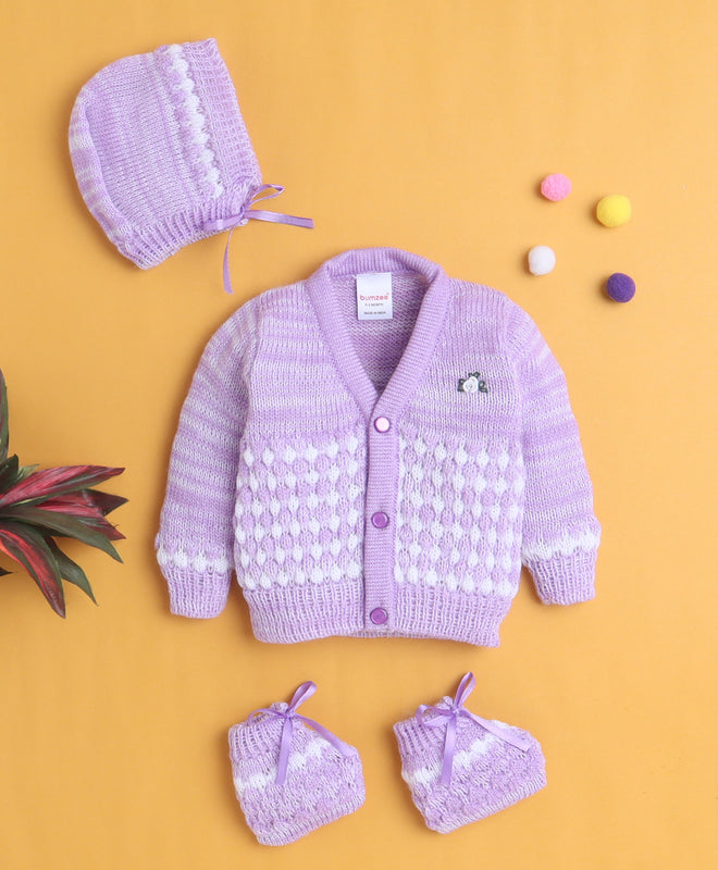 Lavender Baby Girls Full Sleeves Acrylic Blend Sweater With Cap & Socks