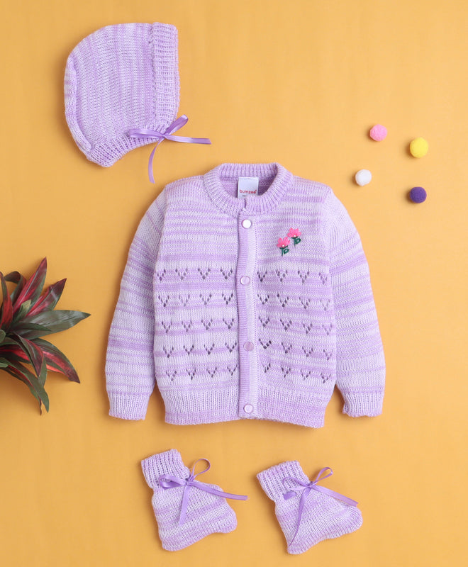 Lavender Baby Girls Full Sleeves Acrylic Blend Sweater With Cap & Socks